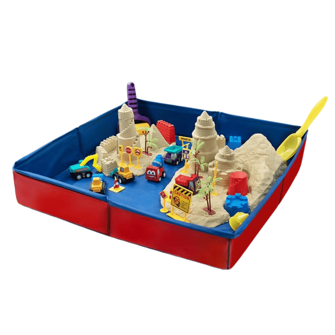 1lb PlaySand Kit with Foldable Sandbox, 6 Construction Trucks Tools - Babies Mall