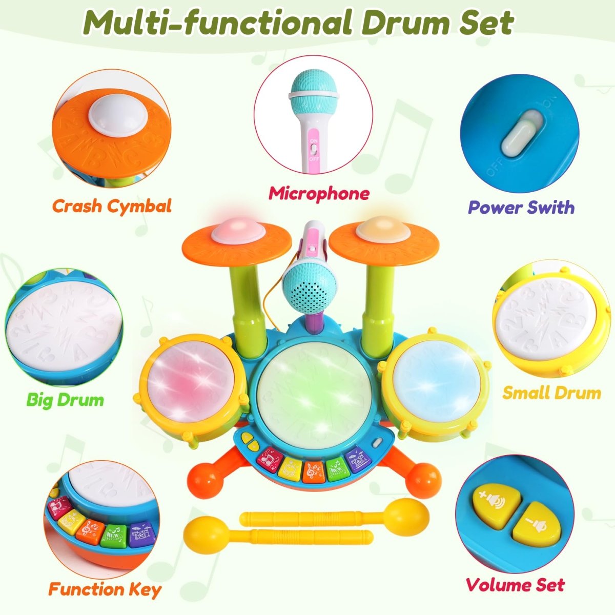 Baby Drum Set Toy 3 - in - 1 Musical Instrument with Lights & Sound - Babies Mall