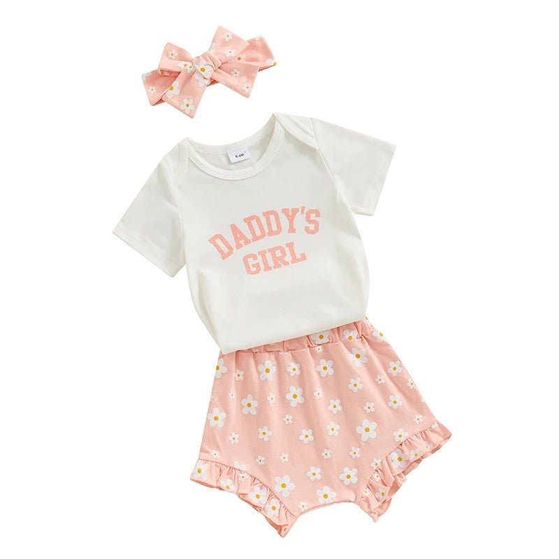 Baby Girls Outfit Short Sleeve Romper - Floral Shorts - Hairband Set Casual Clothes - Babies Mall