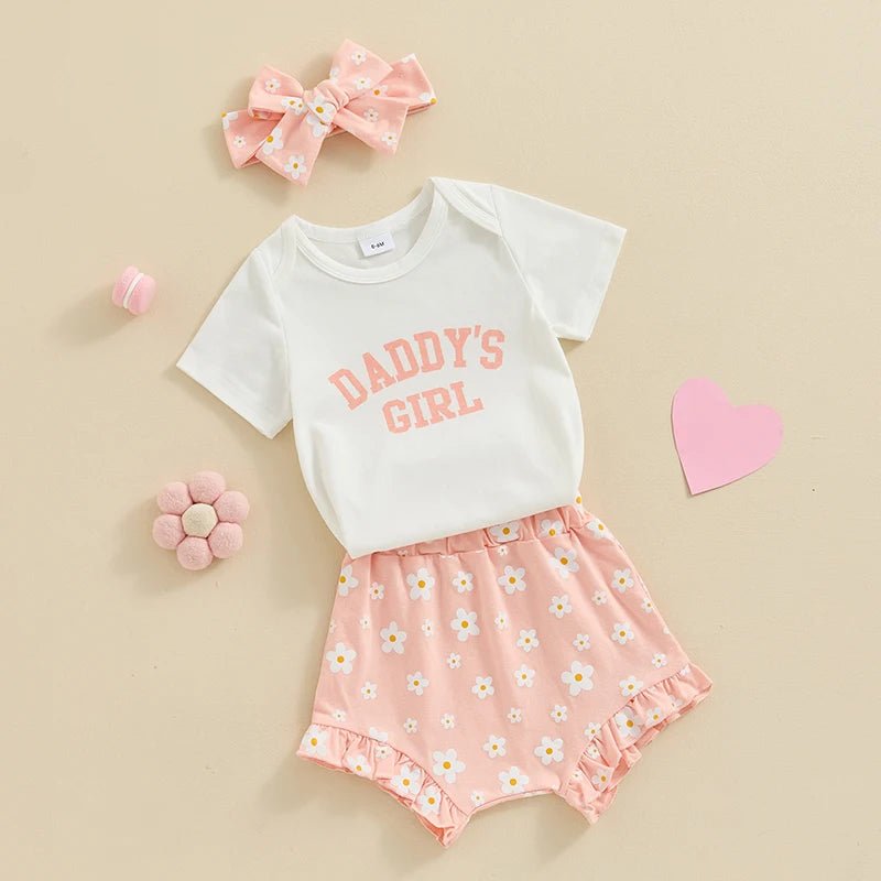 Baby Girls Outfit Short Sleeve Romper - Floral Shorts - Hairband Set Casual Clothes - Babies Mall