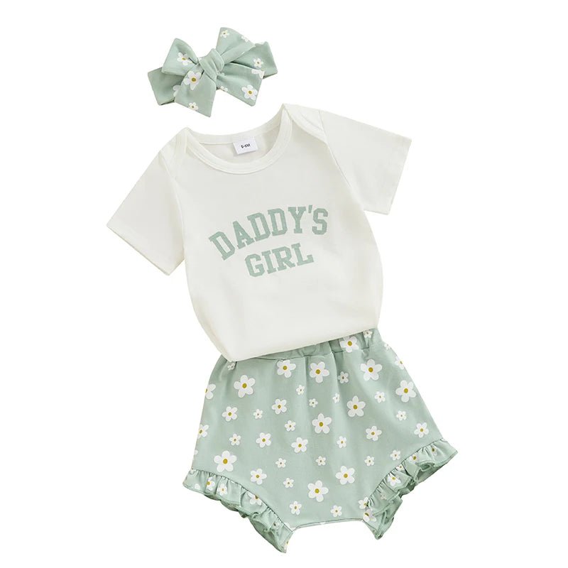 Baby Girls Outfit Short Sleeve Romper - Floral Shorts - Hairband Set Casual Clothes - Babies Mall