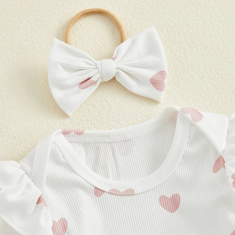 Baby Girls Outfits Heart Print Romper | Suspender Skirt | Headband Set - Babies Mall