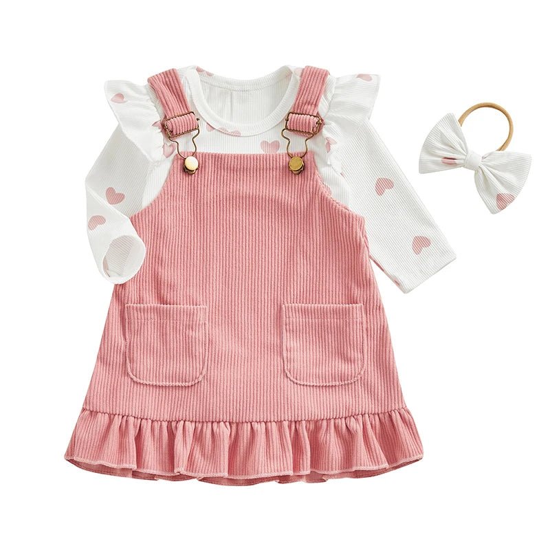 Baby Girls Outfits Heart Print Romper | Suspender Skirt | Headband Set - Babies Mall