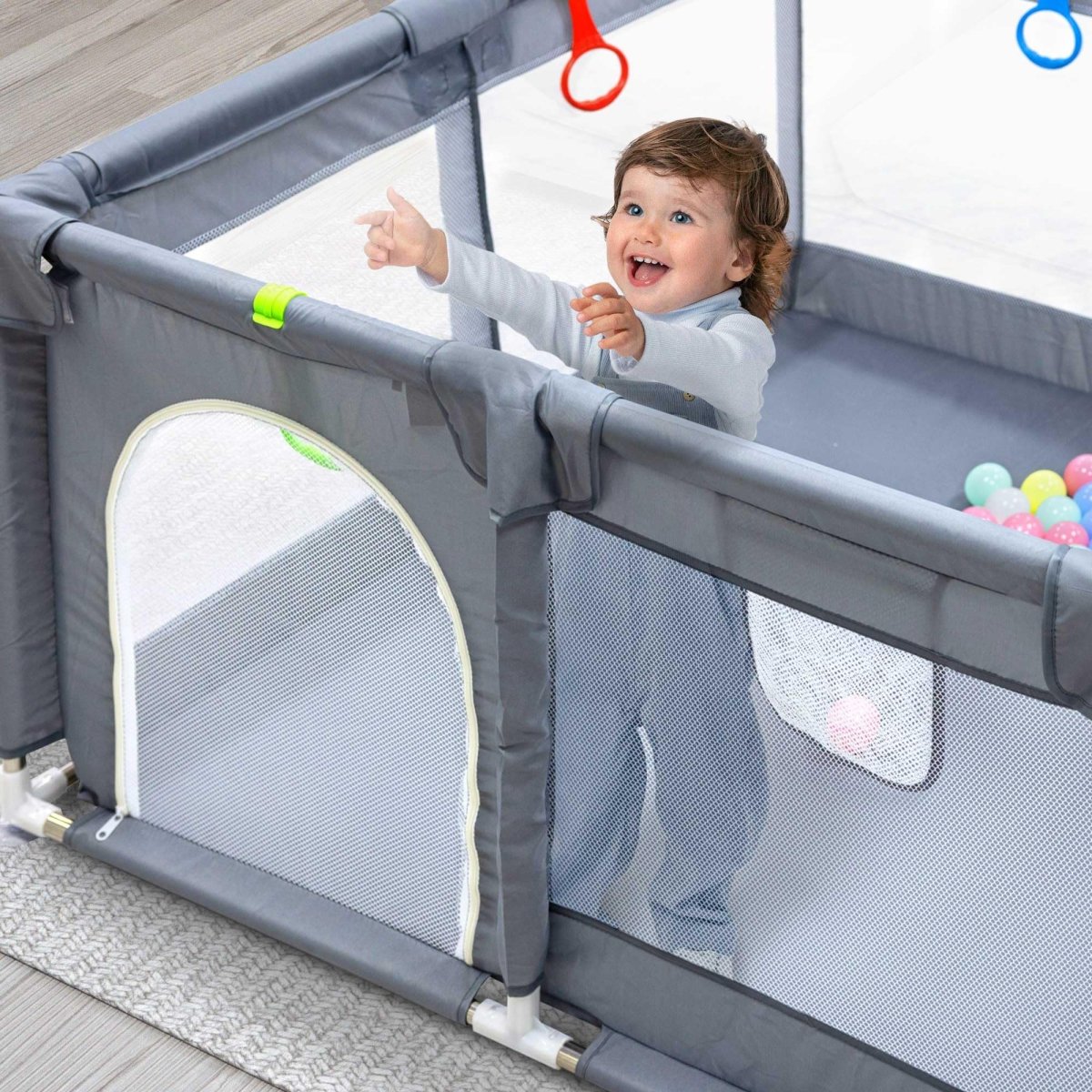 Baby Playpen with Padded Frame, Mesh Walls, Balls & Pull Rings - Babies Mall