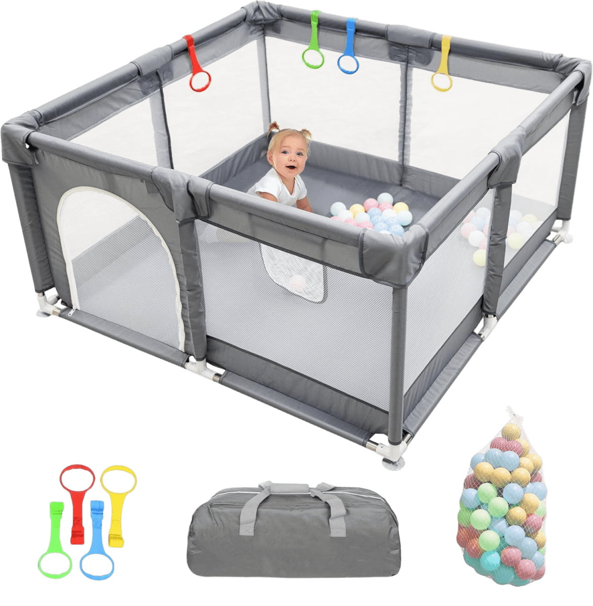 Baby Playpen with Padded Frame, Mesh Walls, Balls & Pull Rings - Babies Mall