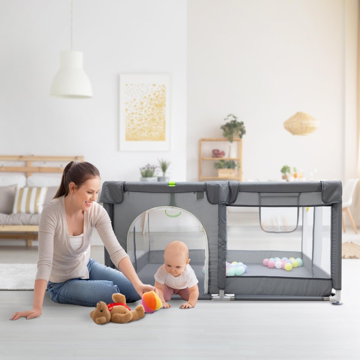 Baby Playpen with Padded Frame, Mesh Walls, Balls & Pull Rings - Babies Mall