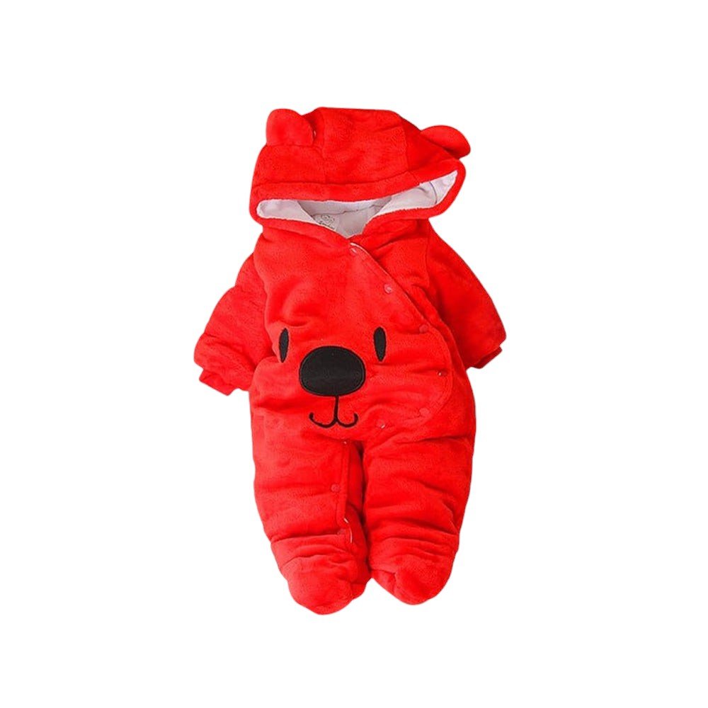 Baby Winter Hooded Romper, Plush, Warm, Button Closure - Babies Mall