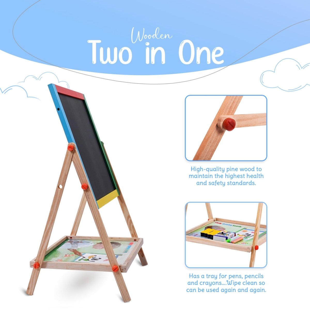 Double - Sided Wooden Kids Board with Tray, Adjustable Height - Babies Mall