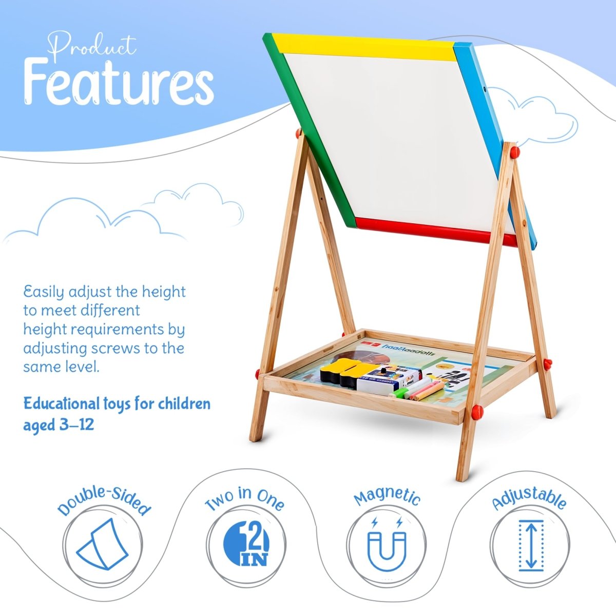Double - Sided Wooden Kids Board with Tray, Adjustable Height - Babies Mall