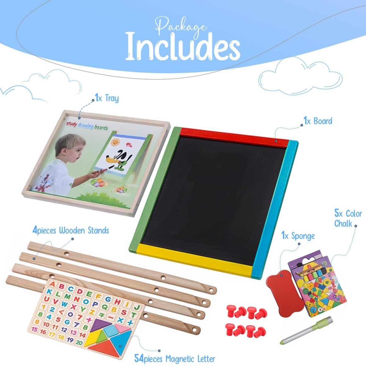 Double - Sided Wooden Kids Board with Tray, Adjustable Height - Babies Mall