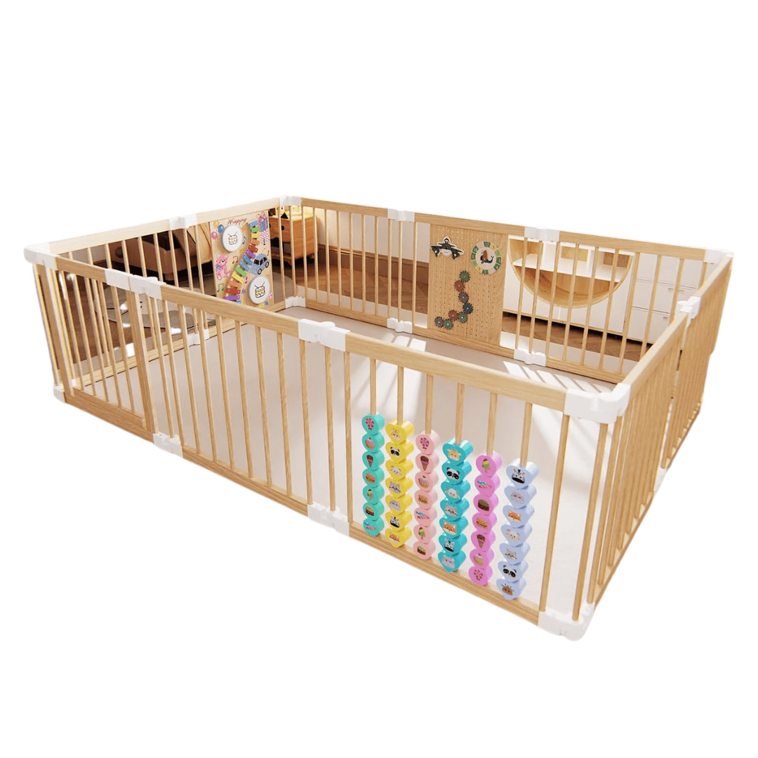 Foldable Wood Baby Playpen with Music Panel, Abacus, Lockable Joints - Babies Mall