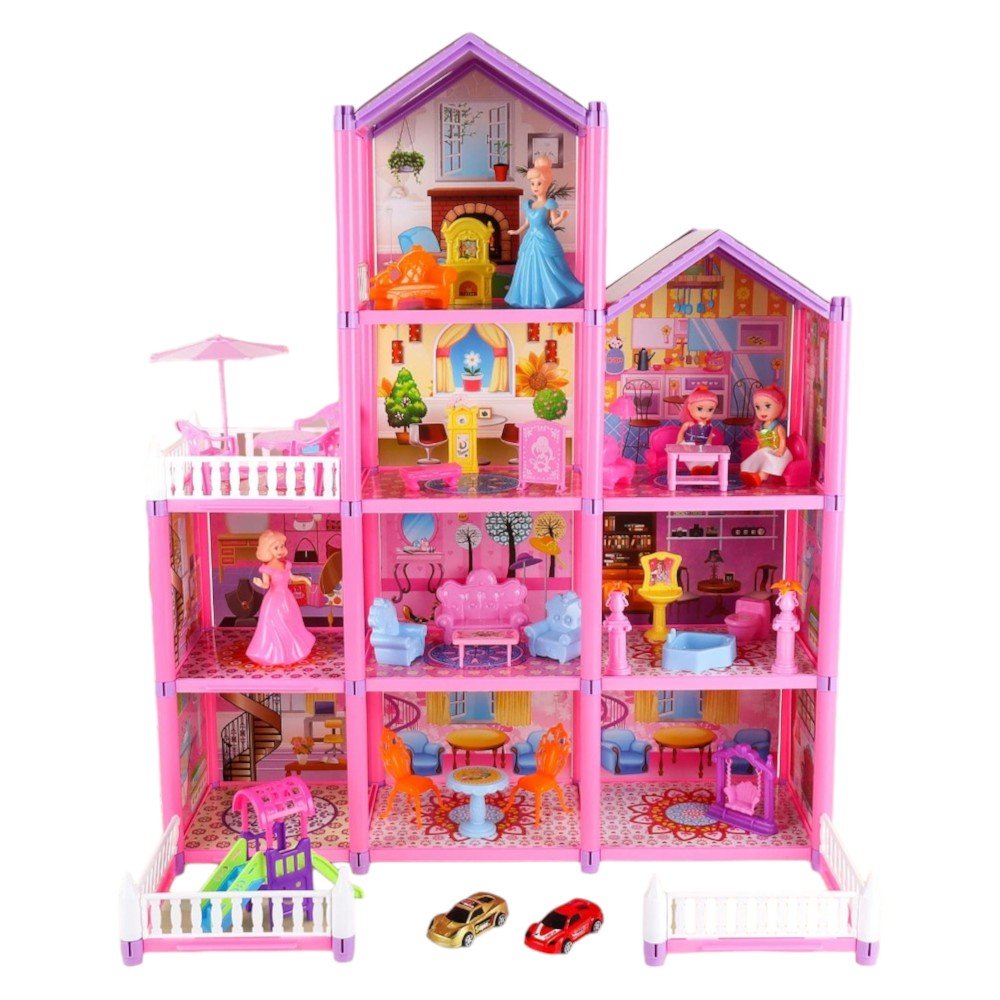 Four - Story DIY Dollhouse with 9 Rooms, Doll & Furniture Set - Babies Mall