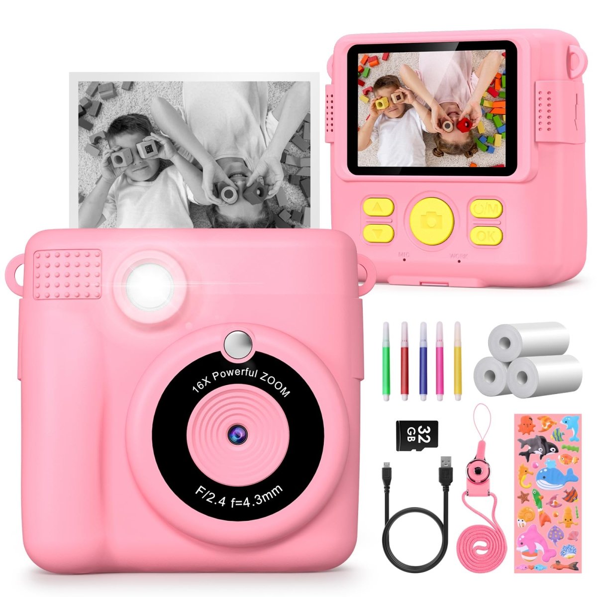 Instant Kids Camera with 2.4” Screen, 1080P, 32GB & Printing Paper - Babies Mall