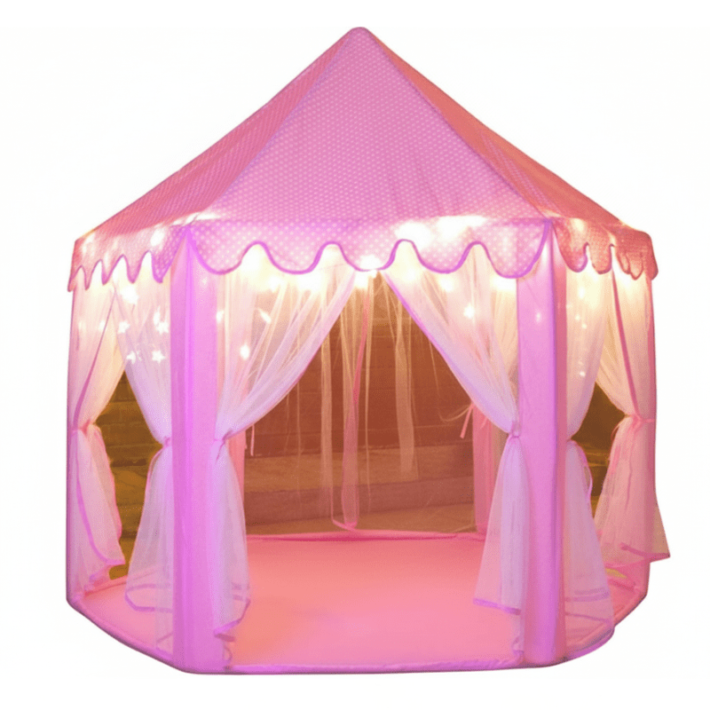 Kids Castle Play Tent with Mesh Curtains and Star String Lights - Babies Mall