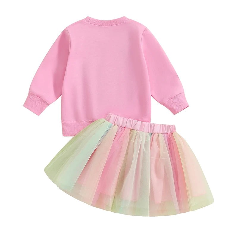 Kids Girls Outfit Long Sleeve Embroidery Letters Sweatshirt Tulle Skirt Birthday Clothes - Babies Mall
