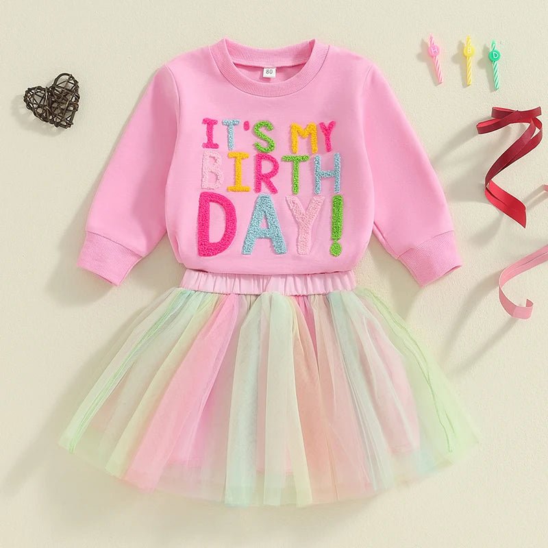 Kids Girls Outfit Long Sleeve Embroidery Letters Sweatshirt Tulle Skirt Birthday Clothes - Babies Mall