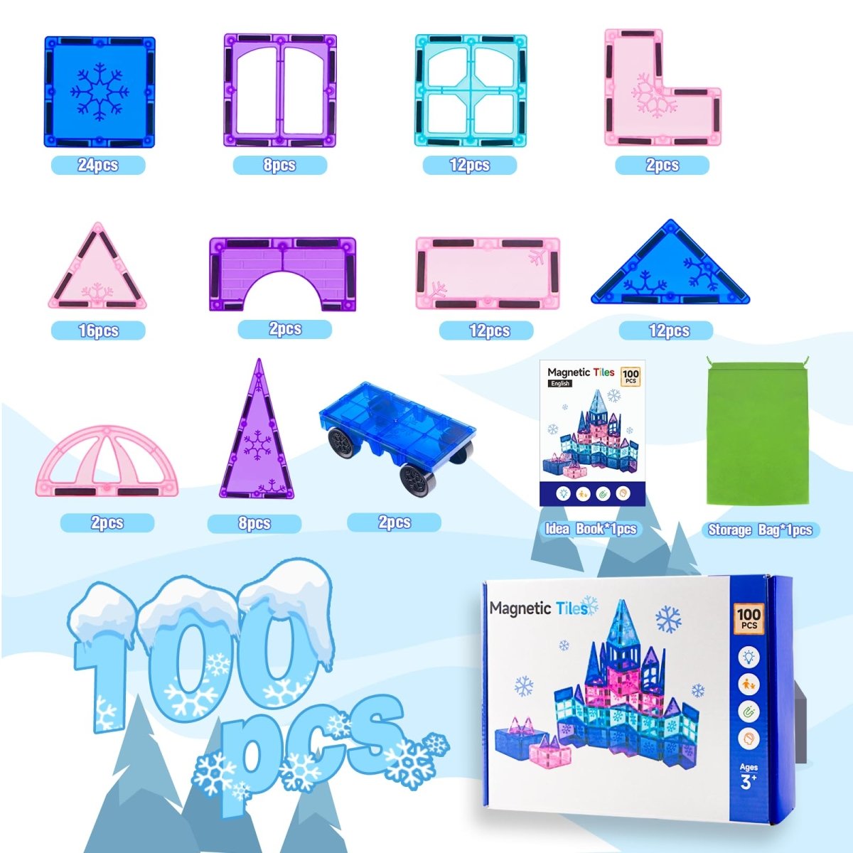 Magnetic Tiles Set 100PCS, Girls Building Blocks Toy 3D Castle - Babies Mall
