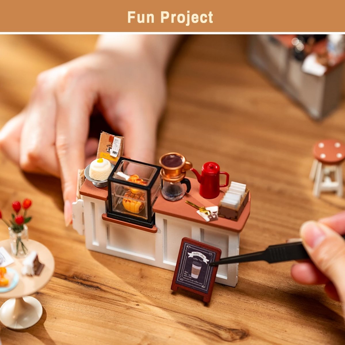 Miniature Wooden Cafe Kit with Lights, Furniture and Accessories - Babies Mall