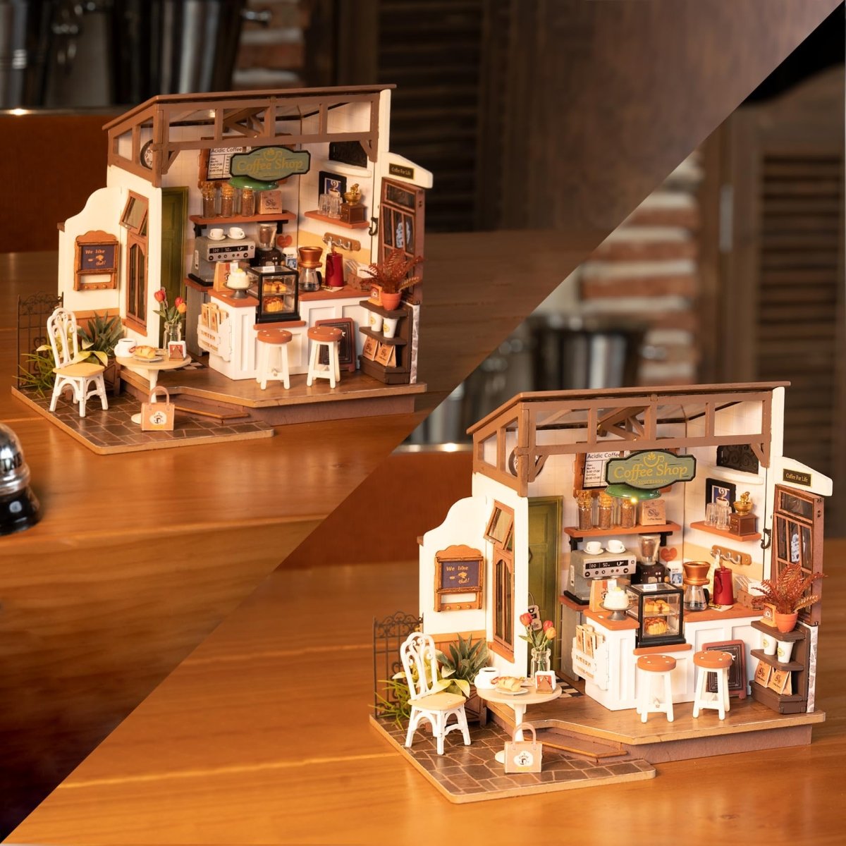 Miniature Wooden Cafe Kit with Lights, Furniture and Accessories - Babies Mall
