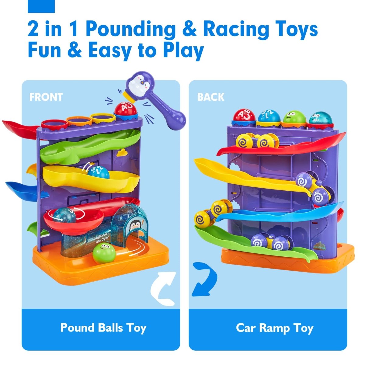 Montessori Ball Hammer Ramp Set with Mini Cars, Toddler Learning Game - Babies Mall