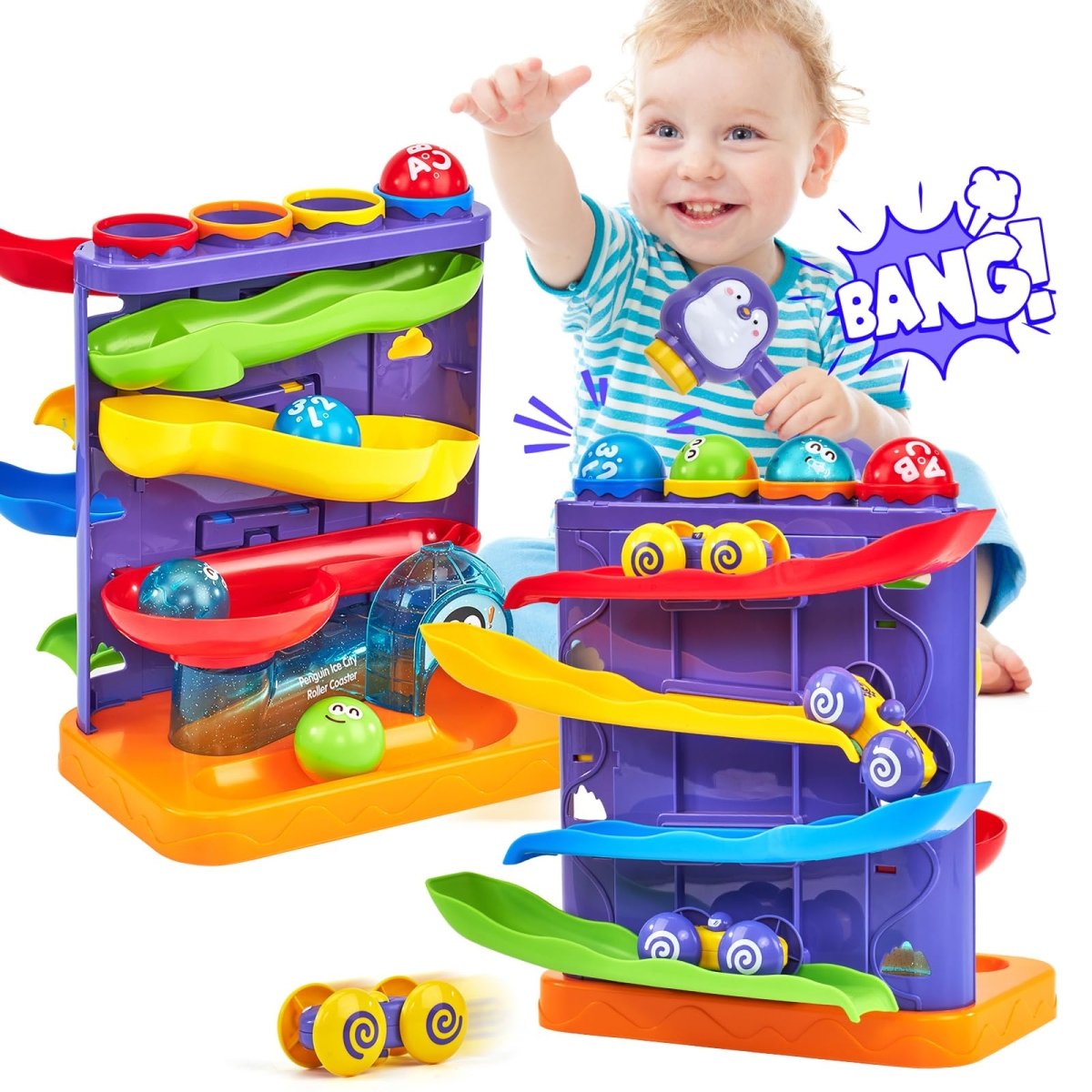 Montessori Ball Hammer Ramp Set with Mini Cars, Toddler Learning Game - Babies Mall