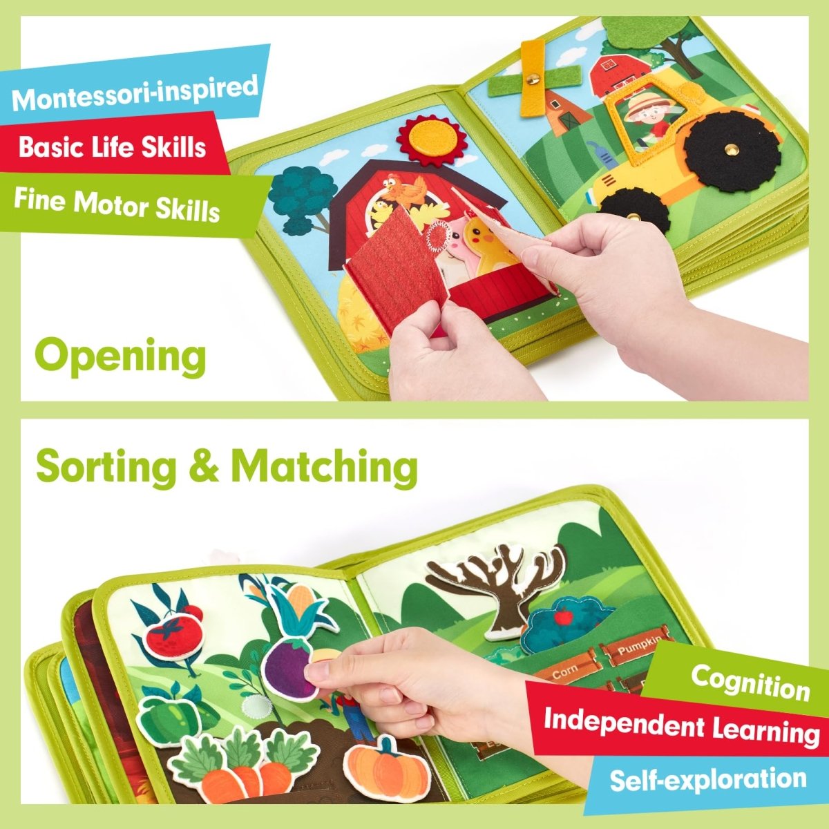 Montessori Busy Book with 20 Activities, Farm - Themed Life Skills Board - Babies Mall