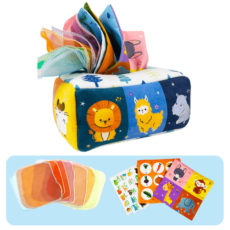 Montessori Tissue Box Toy with Silk, Animals, Numbers & Letters - Babies Mall