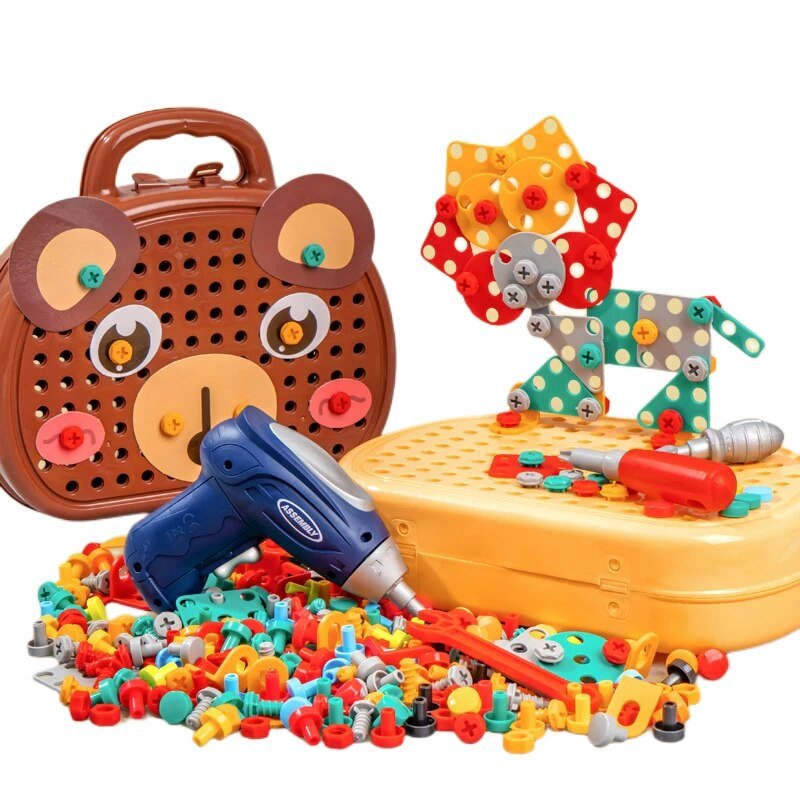 Montessori Toolbox Set with Drill, 204 Pieces in Bear & Dog Suitcase - Babies Mall