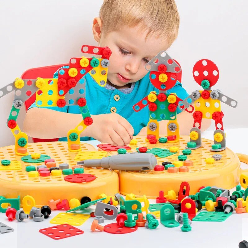 Montessori Toolbox Set with Drill, 204 Pieces in Bear & Dog Suitcase - Babies Mall