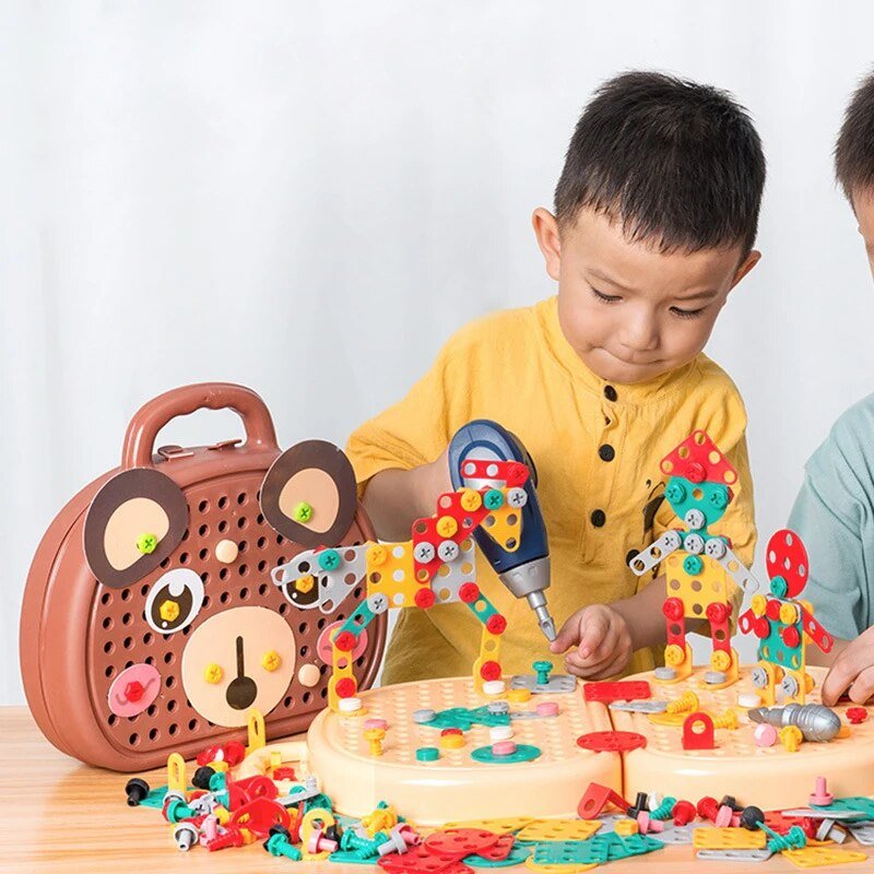 Montessori Toolbox Set with Drill, 204 Pieces in Bear & Dog Suitcase - Babies Mall