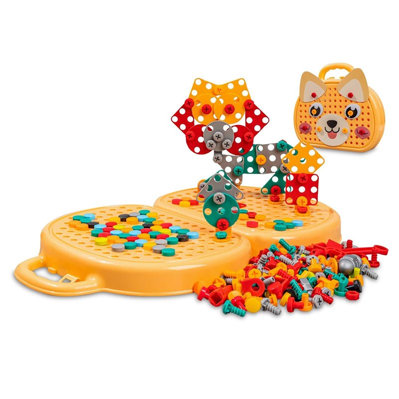 Montessori Toolbox Set with Drill, 204 Pieces in Bear & Dog Suitcase - Babies Mall