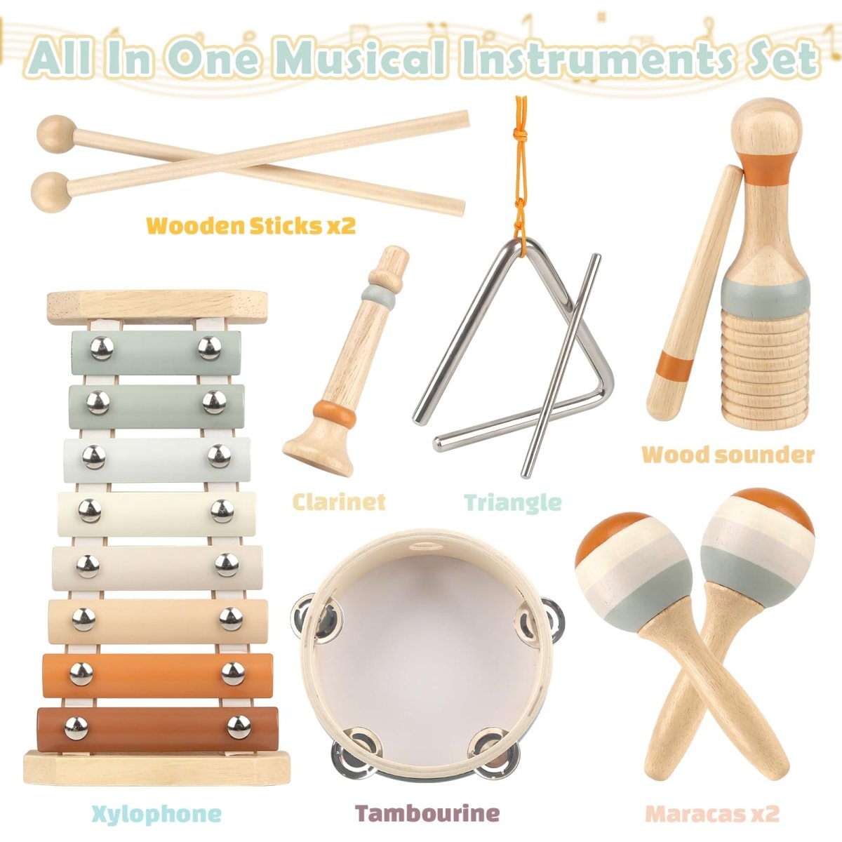 Montessori Wooden Music Set with Drum, Xylophone, Maracas for Kids - Babies Mall