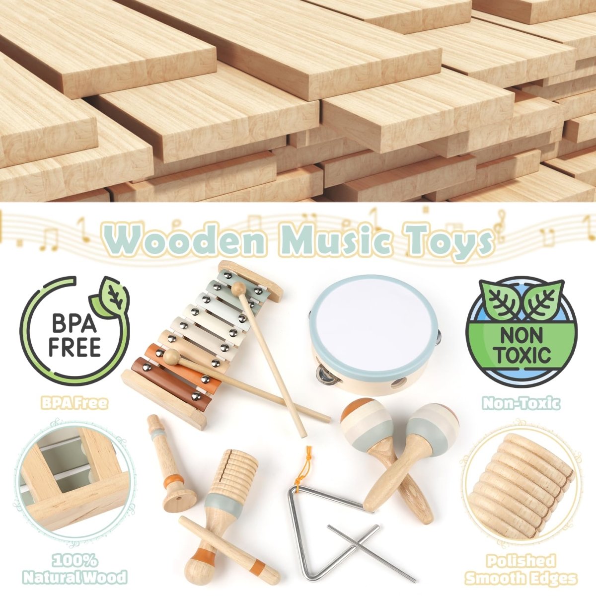 Montessori Wooden Music Set with Drum, Xylophone, Maracas for Kids - Babies Mall