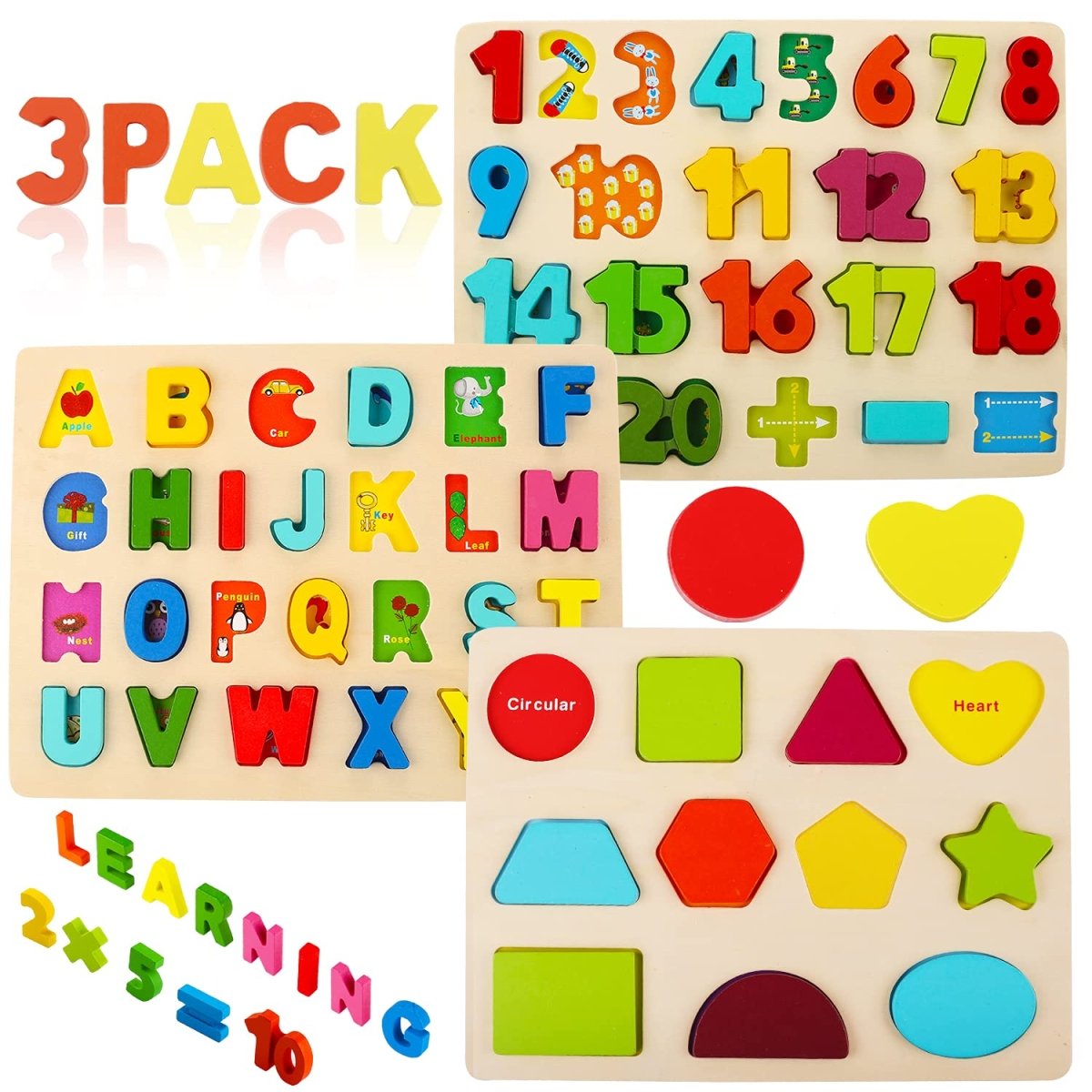 Montessori Wooden Puzzle Set with Letters, Shapes and Numbers Boards - Babies Mall