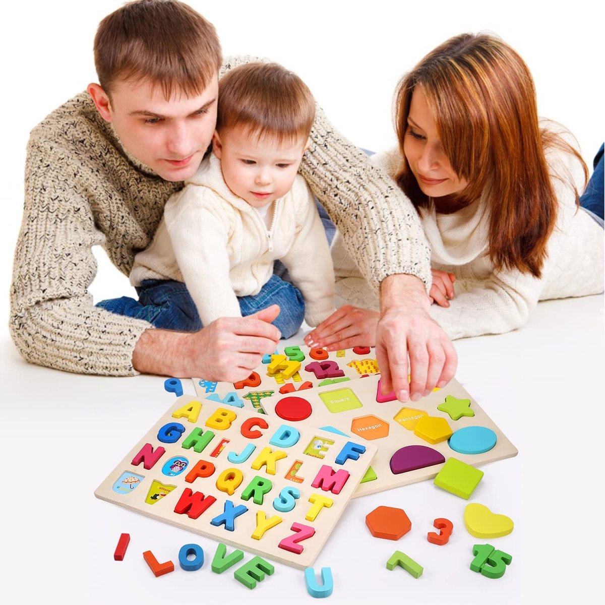 Montessori Wooden Puzzle Set with Letters, Shapes and Numbers Boards - Babies Mall