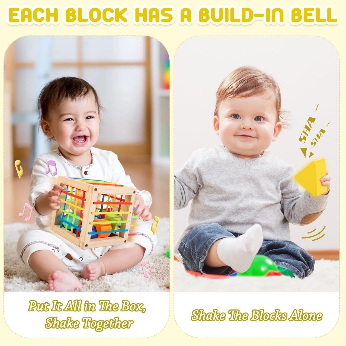 Montessori Wooden Shape Sorter Cube with 8 Textured Blocks for Toddlers - Babies Mall