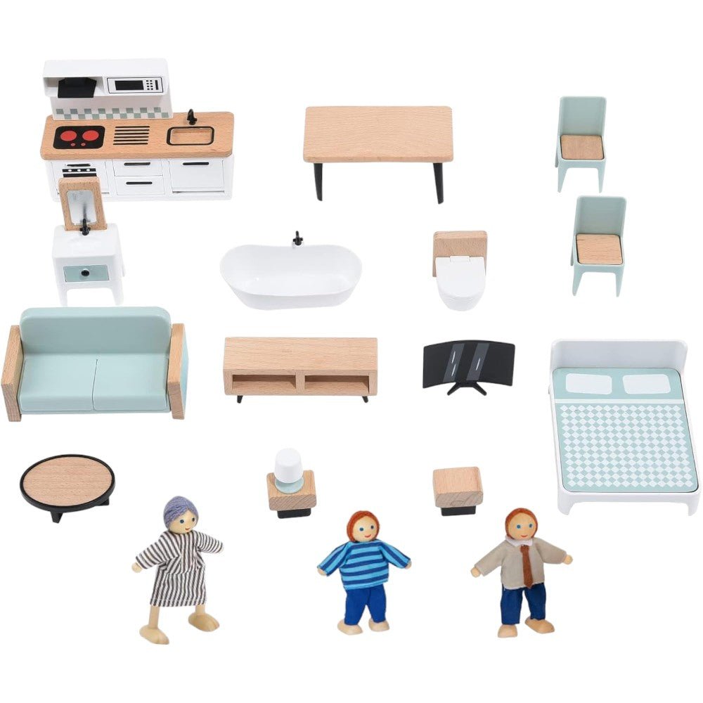 Pink/White Wooden Dollhouse Set with Elevator, Furniture & Dolls - Babies Mall