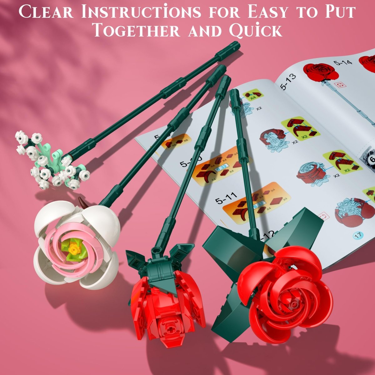 Rose Bouquet Building Kit, 841 PCS DIY Floral Display with Vase - Babies Mall