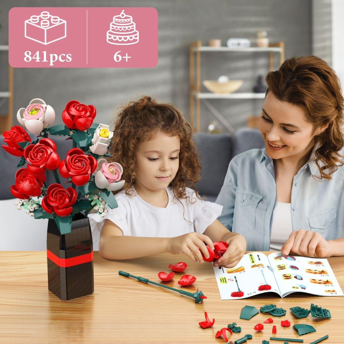 Rose Bouquet Building Kit, 841 PCS DIY Floral Display with Vase - Babies Mall