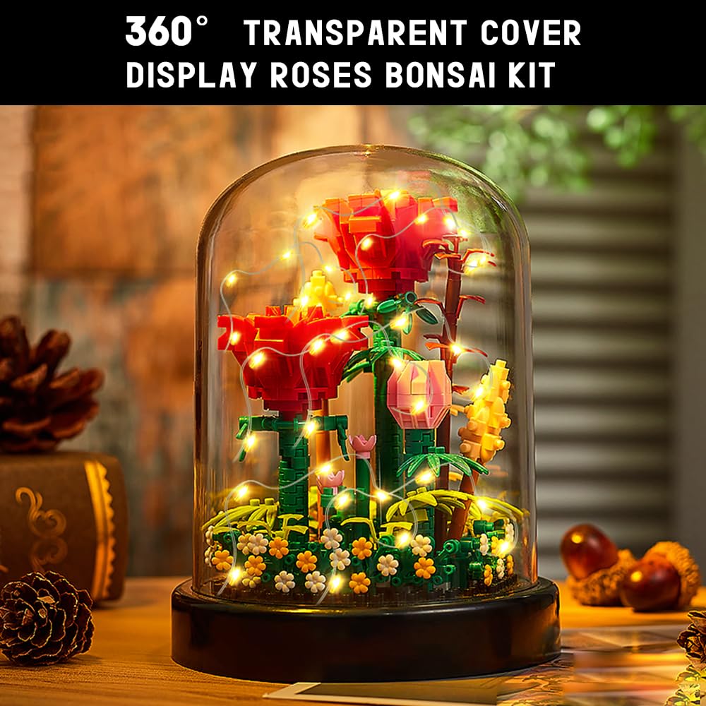 Rose Building Kit with LED Lights, 596 Mini Bricks and Display Dome - Babies Mall
