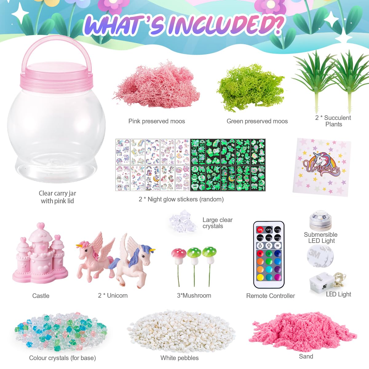 Unicorn Terrarium Craft Lights, Sand, Stickers, Castle & Moss Decor - Babies Mall