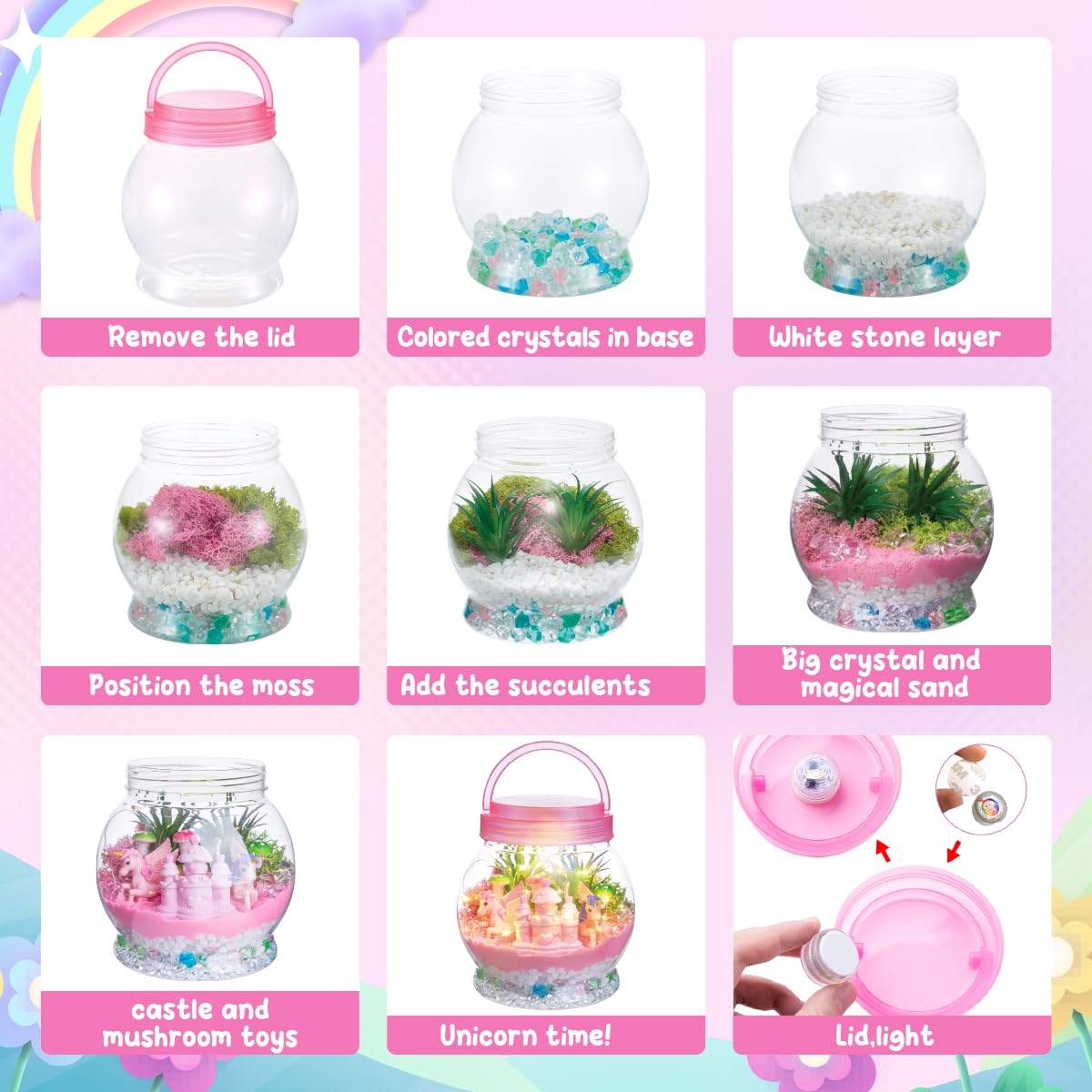 Unicorn Terrarium Craft Lights, Sand, Stickers, Castle & Moss Decor - Babies Mall