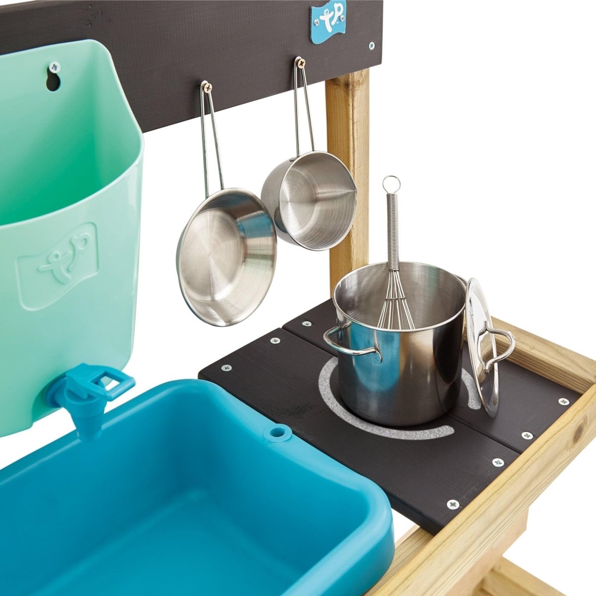 Wooden Mud Kitchen Attachment with Sink, Water Butt, Pans, Whisk Hooks - Babies Mall