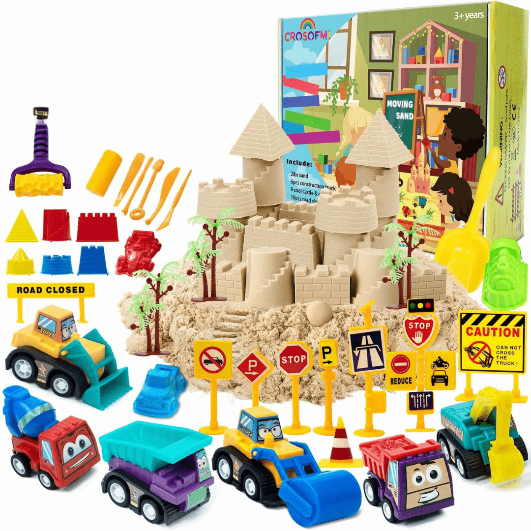 1lb PlaySand Kit with Foldable Sandbox, 6 Construction Trucks Tools - Babies Mall
