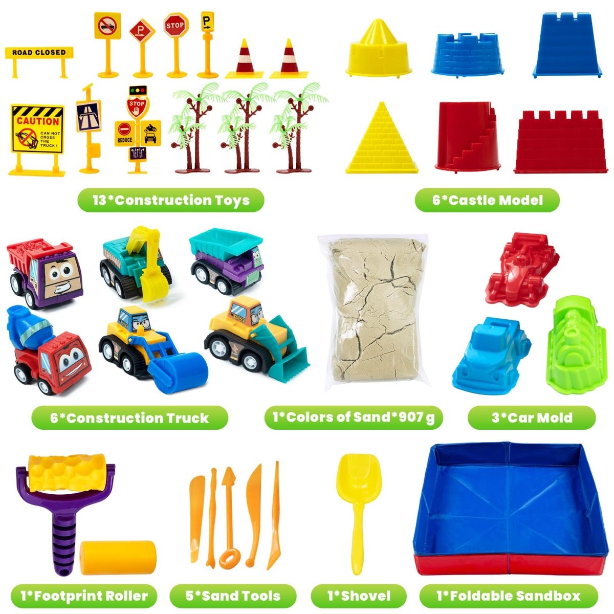 1lb PlaySand Kit with Foldable Sandbox, 6 Construction Trucks Tools - Babies Mall