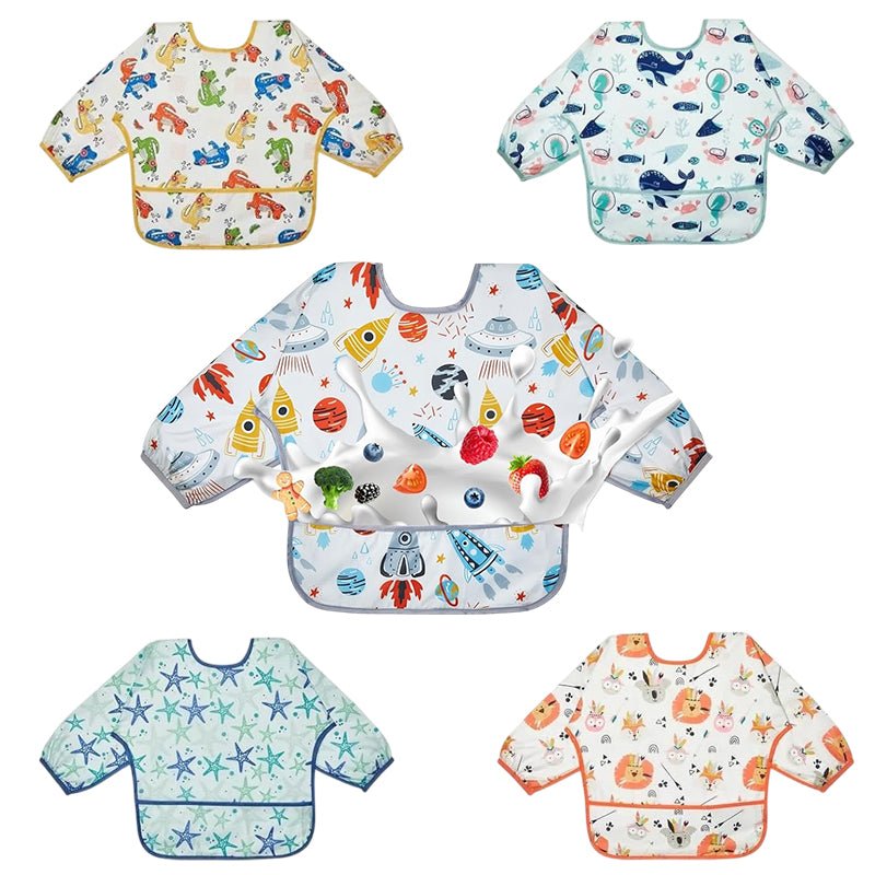 5 - Pack Waterproof Long - Sleeve Bibs, Stain - Resistant & Adjustable - Babies Mall