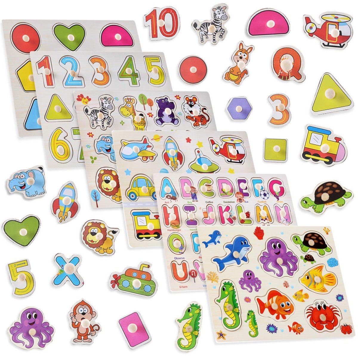 6 - Pack Wooden Peg Puzzles Letters, Numbers, Shapes & Animals - Babies Mall