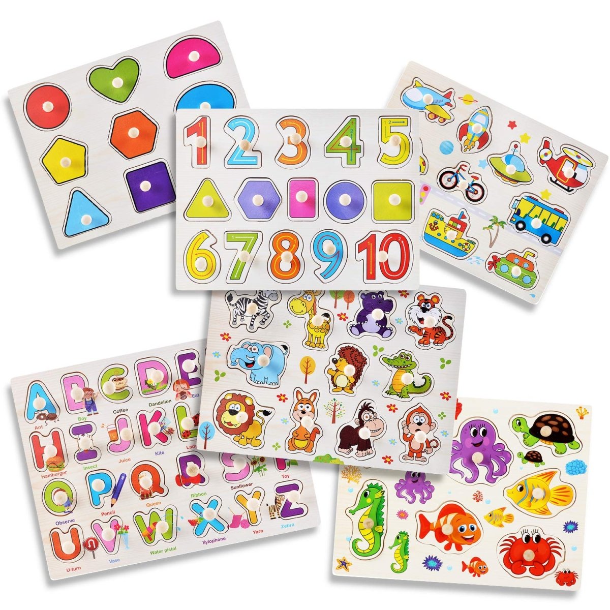 6 - Pack Wooden Peg Puzzles Letters, Numbers, Shapes & Animals - Babies Mall