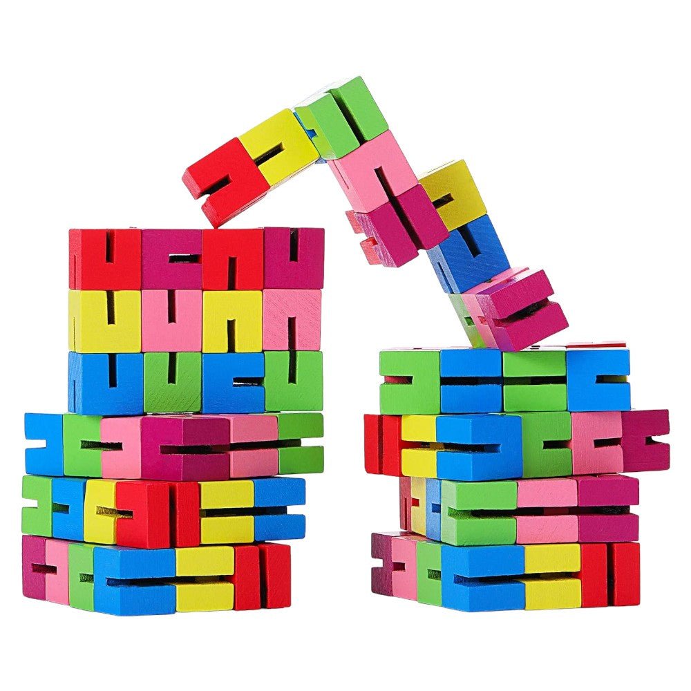 9 - Pieces Wooden Twist Blocks – Flexible & Stackable Fidget Puzzle - Babies Mall