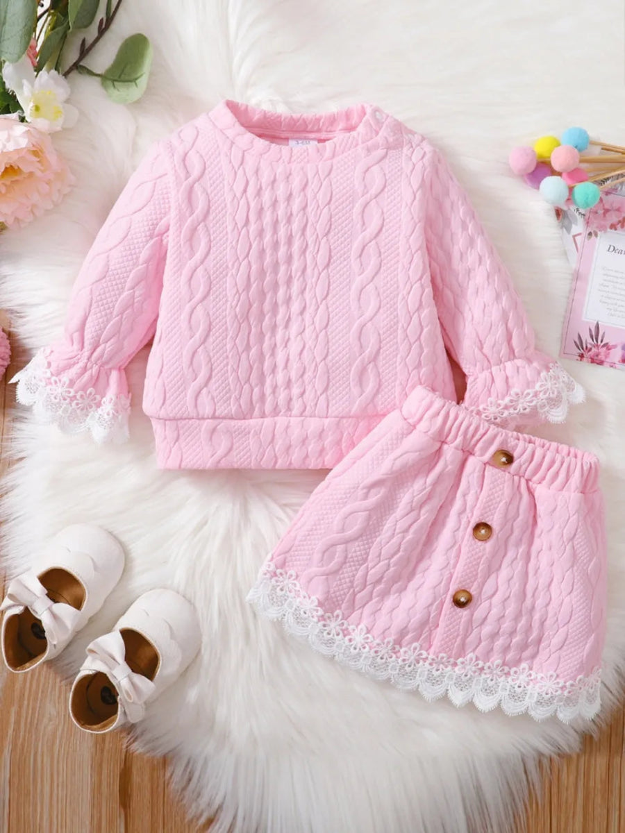 Baby girl two - piece cotton outfit with lace detail - Babies Mall
